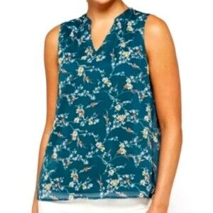 NWT Papermoon Teal Blue Floral Top‎ Dressy Sleeveless Blouse V Neck Tank SMALL